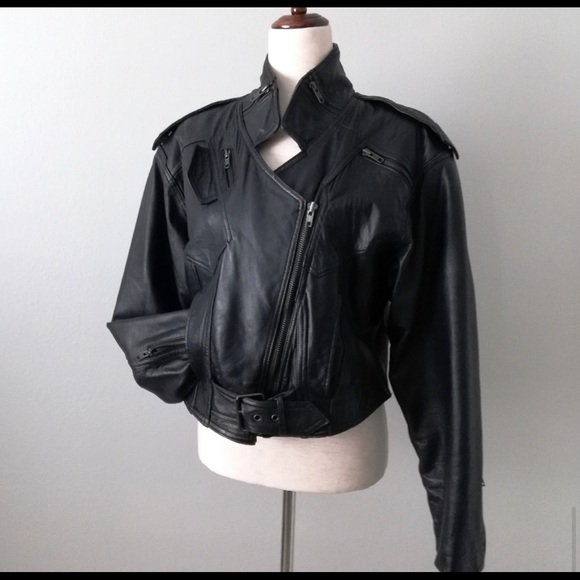 LAROXX Vintage Black Leather Cropped Moto Jacket - Picture 15 of 16
